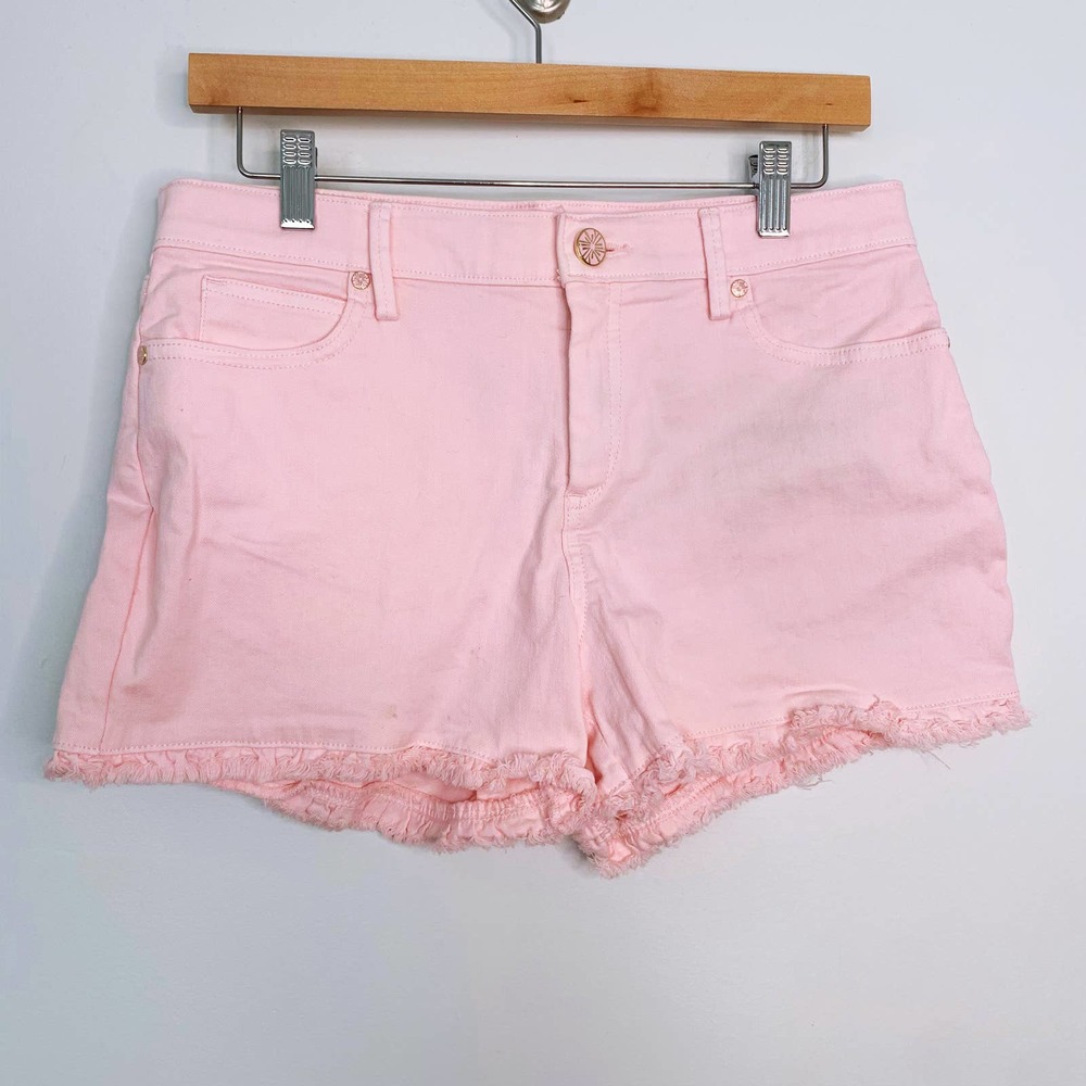 Lilly Pulitzer South Ocean High Rise Ruffle Hem Denim Shorts Stretch Pink Size 4